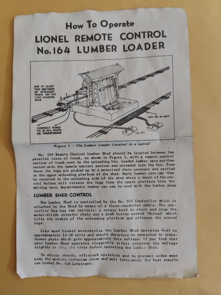 Lionel 164 Remote Control Lumber Loader Instruction Dated 7-49