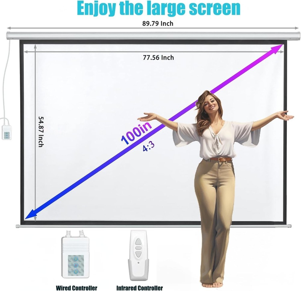 100" Motorized Projector Screen, Electric 4:3 Projector Screen with Remote Co...