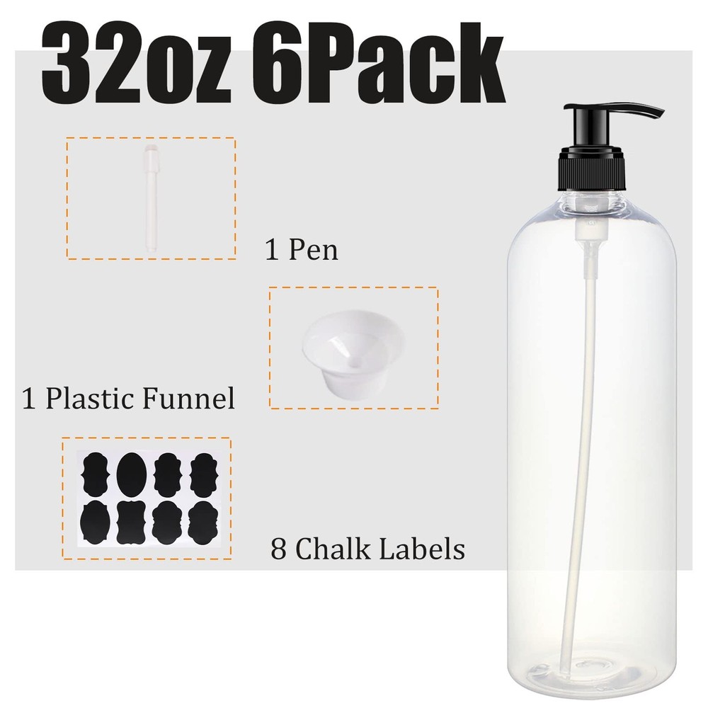 6 Pack 32oz Empty Pump Bottles Refillable Containers for Liquid Soap Shampoo