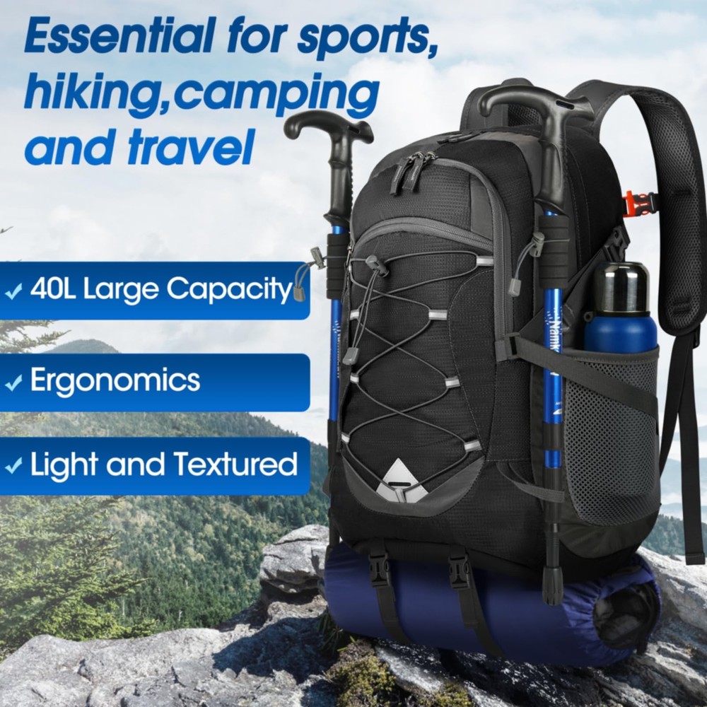 IGOLUMON Hiking Backpack 40L Packable Lightweight Camping 40L, Black
