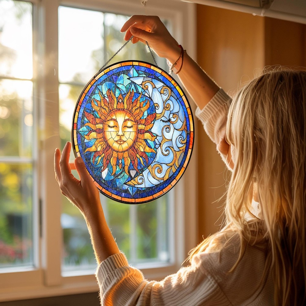 Sun and Moon Stained Glass Suncatcher: Handmade Window Hanging
