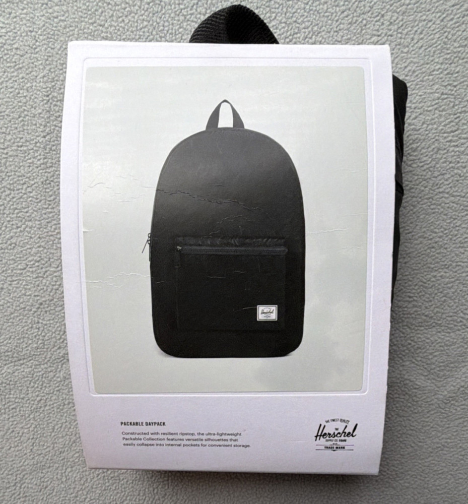 Herschel Packable Daypack Black Ripstop Polyester 24.5L Camping Hiking Backpack