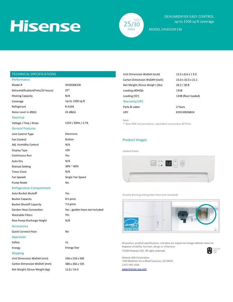 Hisense 25 Pint, 1,500 sq. ft. Coverage, Continuous Gravity Draining
