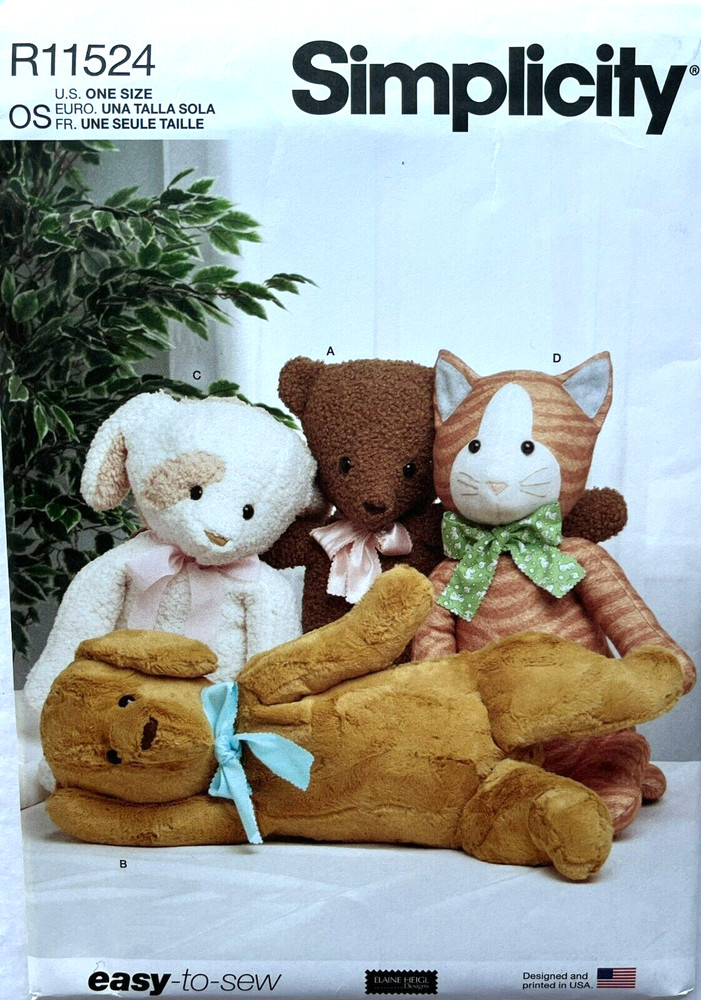 Simplicity S9583/R11524 Sewing Pattern Poseable Plush 27" Bear, Dog, Cat