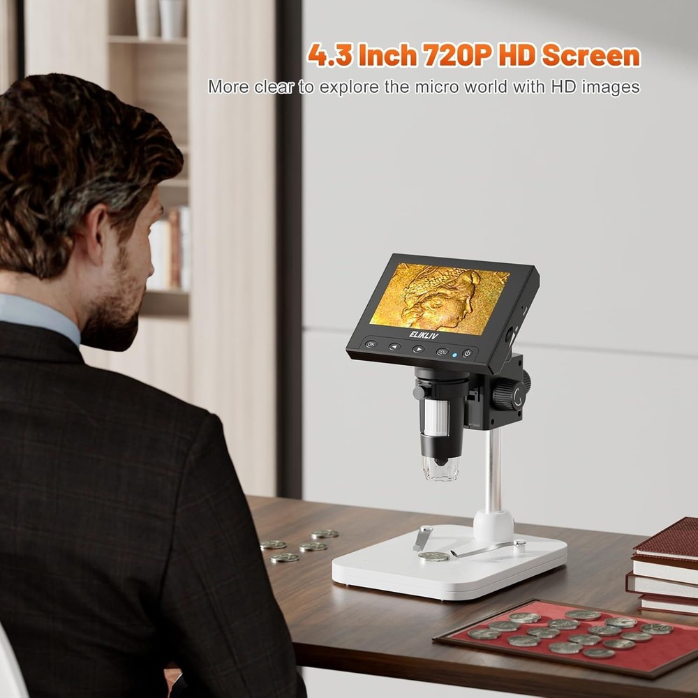 LCD Digital Coin Microscope 1000x with 8 LED Lights, PC Compatible 4.3'' Display