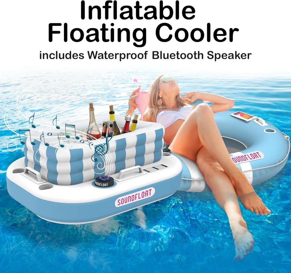Inflatable Cooler with Bluetooth Speaker 24 Can Floatable Pool Bar Blue White