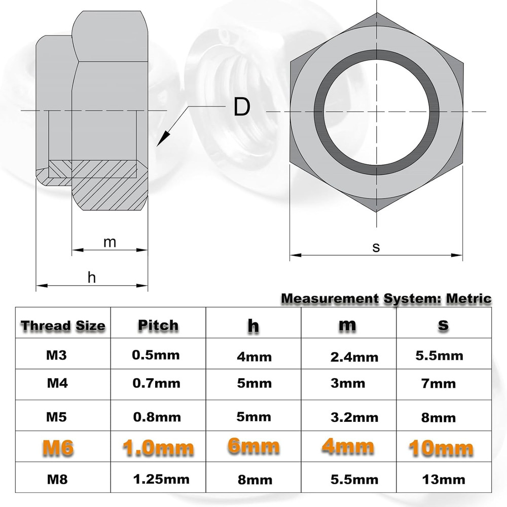 50pcs M6 Locknuts Metric Nylon Inserted Hex Lock Nuts Self-Lock Nylon Insert ...