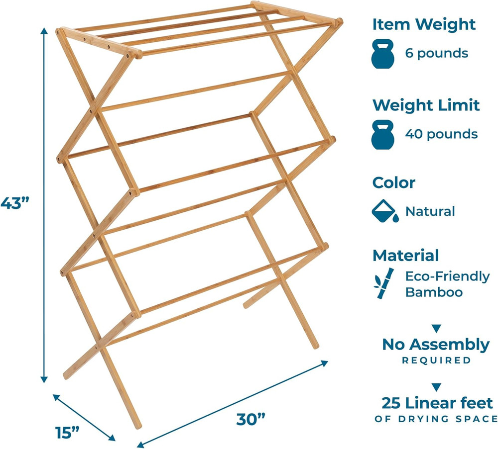 Collapsible Bamboo Drying Rack – Sturdy & Foldable Laundry Drying Rack, Space-Sa