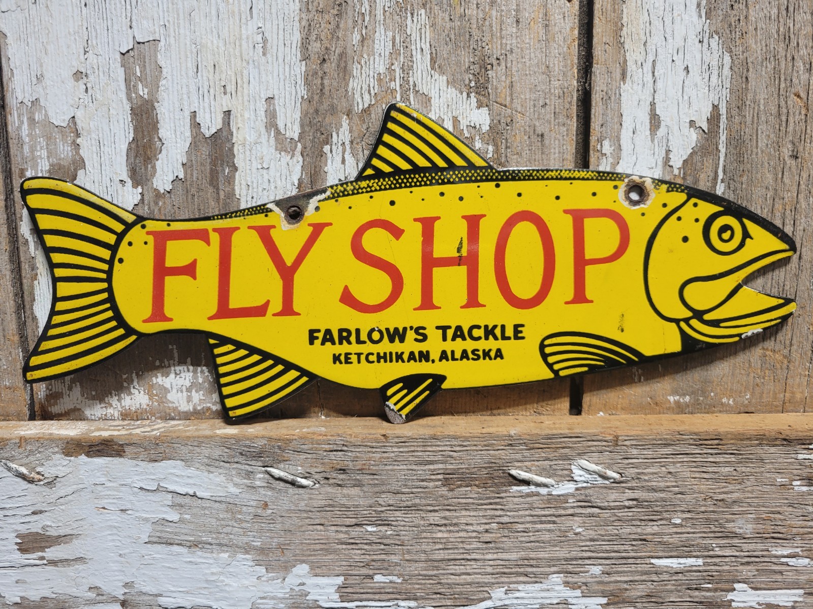 VINTAGE FISH PORCELAIN SIGN OLD FLY SHOP FARLOWS TACKLE KETCHIKAN ALASKA SALMON