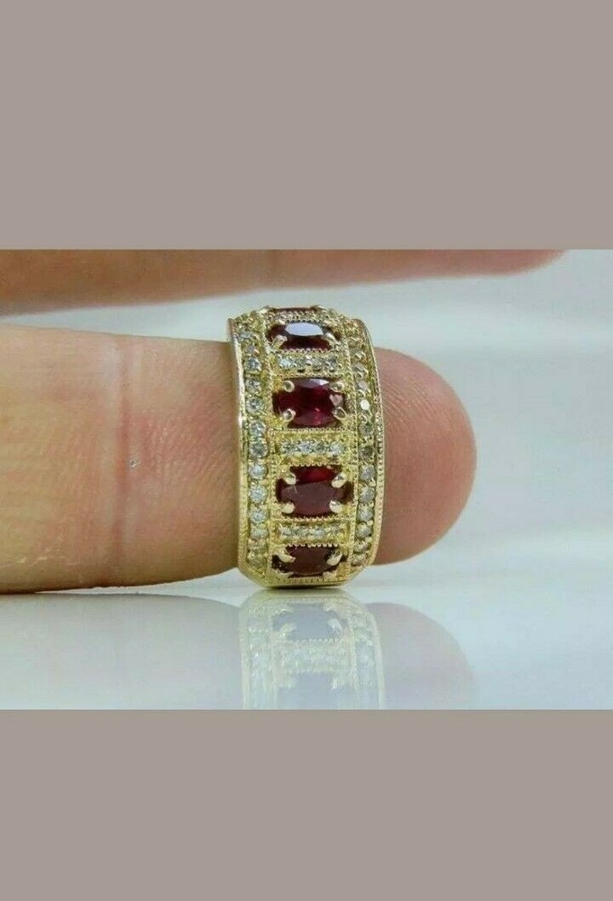 3.00 Ct Oval Cut Natural Ruby & Diamond Wedding Ring 18K Solid Yellow Gold Sz 8