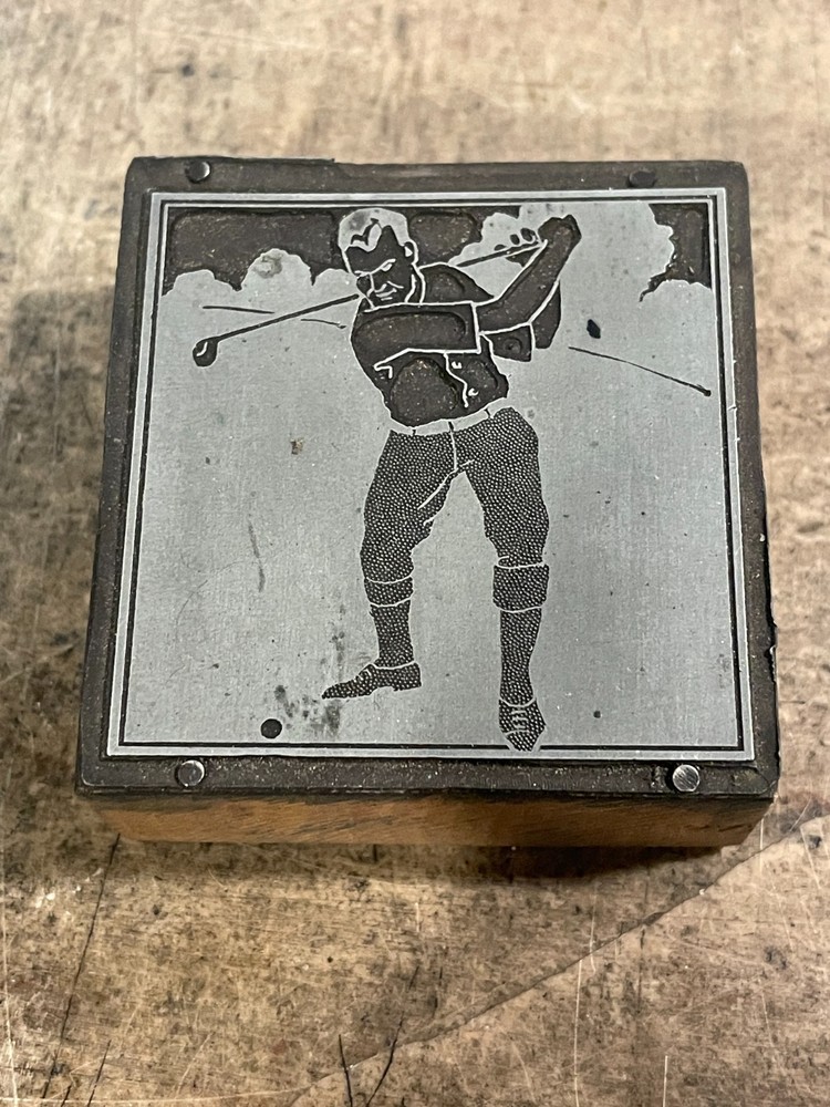 Printing Letterpress Printers Block Man Playing Golf / Swing (929)