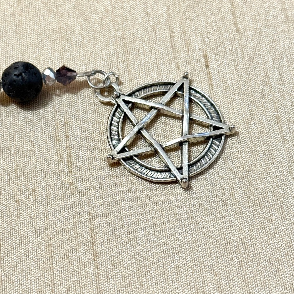 Black Lava Stone Pentacle Gemstone Beaded Pendulum - Handmade Divination Tarot