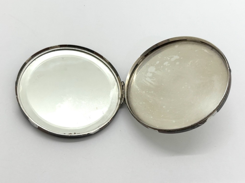 Vintage 950 grade Solid Silver Niello Compact Mirror Case - geometric pattern