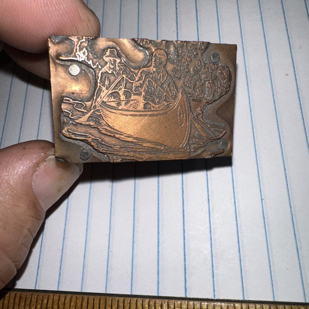 Printing Block “ 2 Men in a Canoe “ Copper Face Nice Image!￼