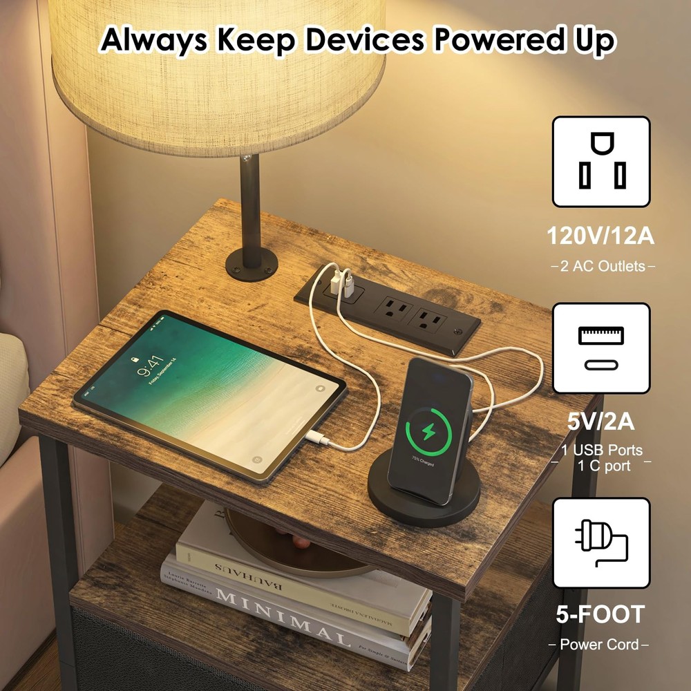 Fixwal Nightstand with Lights Bedside Table with 3 Color Temperatures Bulb, Nigh