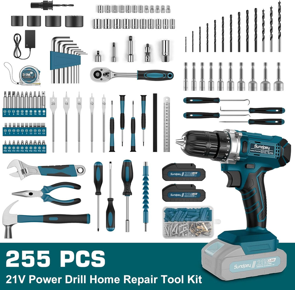 Tool Kit with 21V Cordless Drill - 255-Pcs Portable Complete General Basic Home