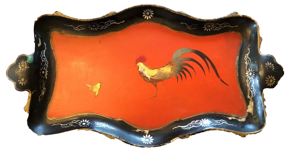 Antique Japanese Laquerware Rectangular Tray With Hand Painted Rooster