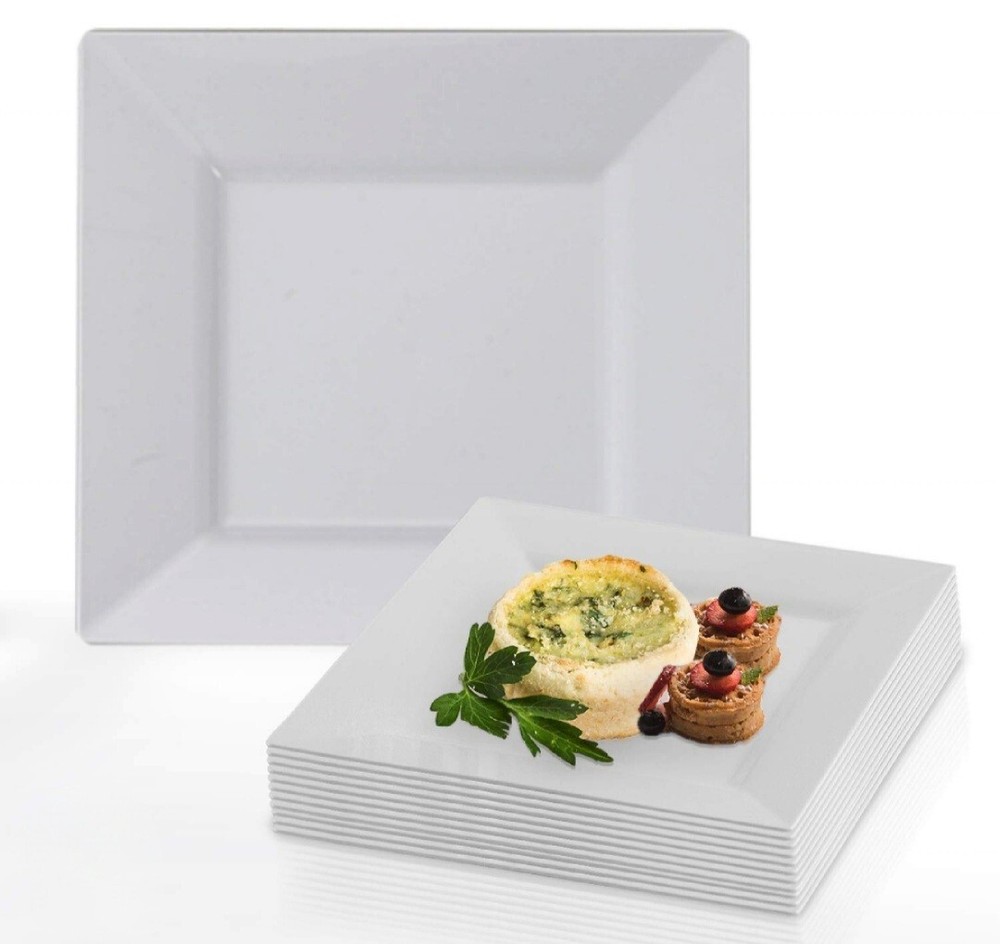 10xSquare Premium Strong Plastic White Dinner Plates (8inch),Reusable