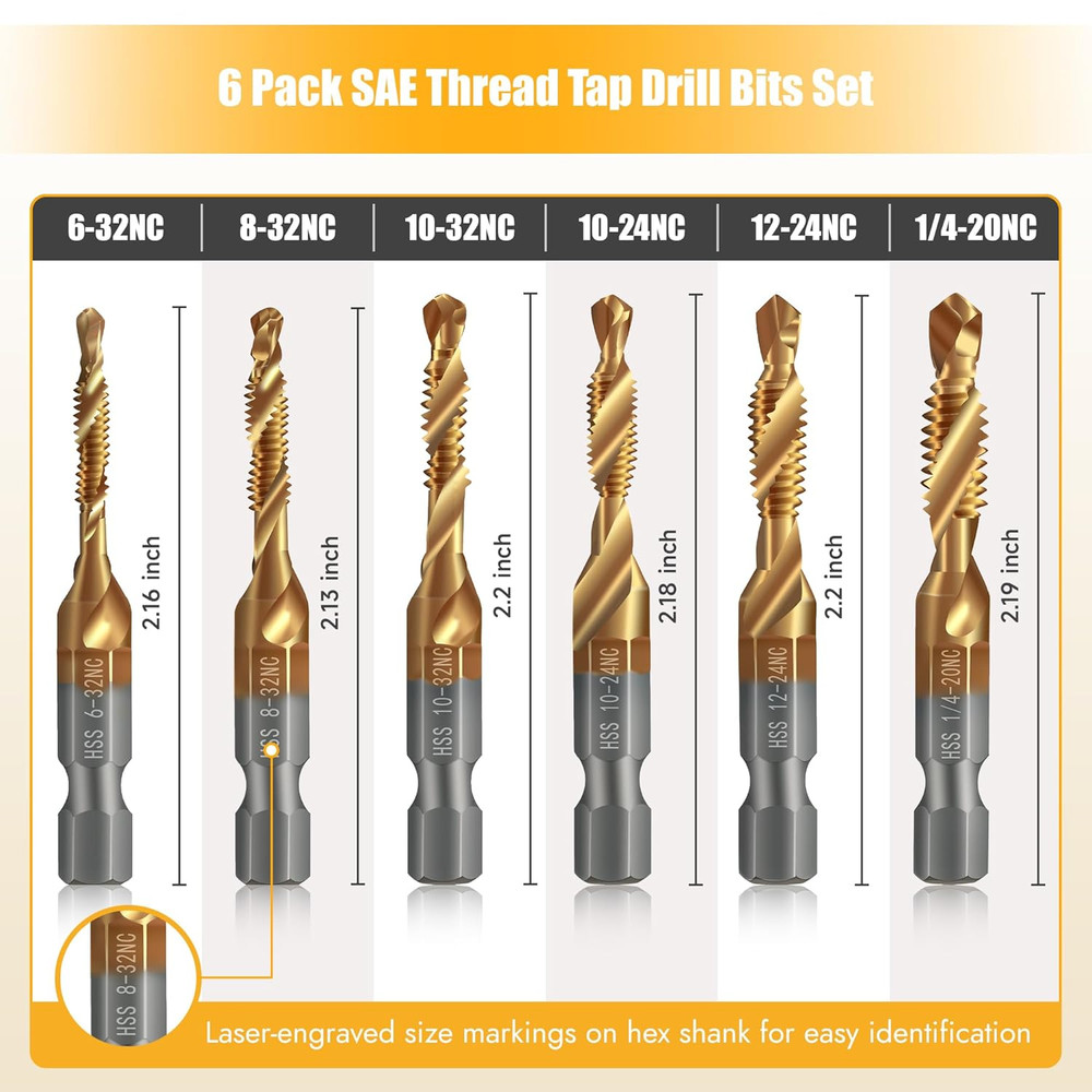 6 Pack Combination Drill and Tap Set, Professional HSS Titanium Thread Tap Drill
