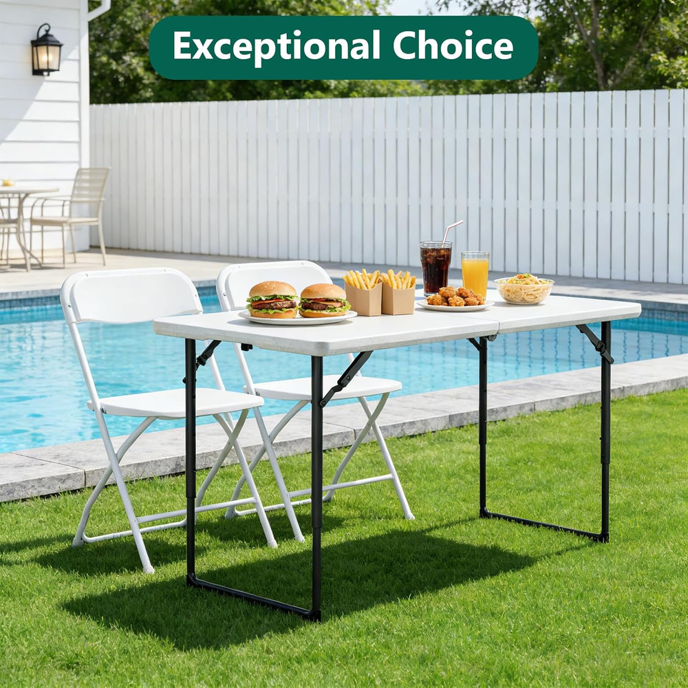 Folding Table 4ft - Heavy Duty Fold-in-Half Plastic Table with Adjustable Height