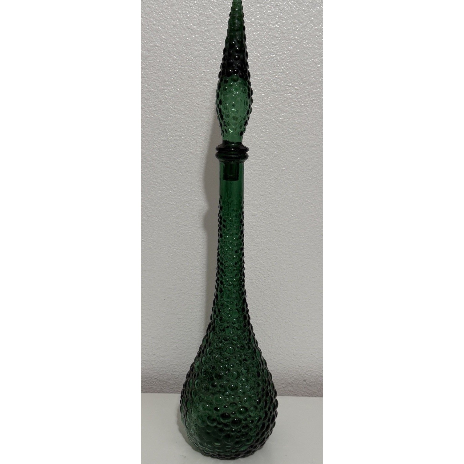 Vintage MCM Green Hobnail Glass Decanter Genie Bottle 21"