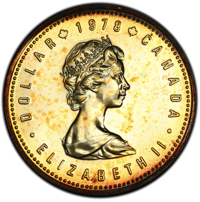 SP66 1978 $1 Canada Commonwealth Games Silver Dollar, PCGS Secure- Rainbow Toned