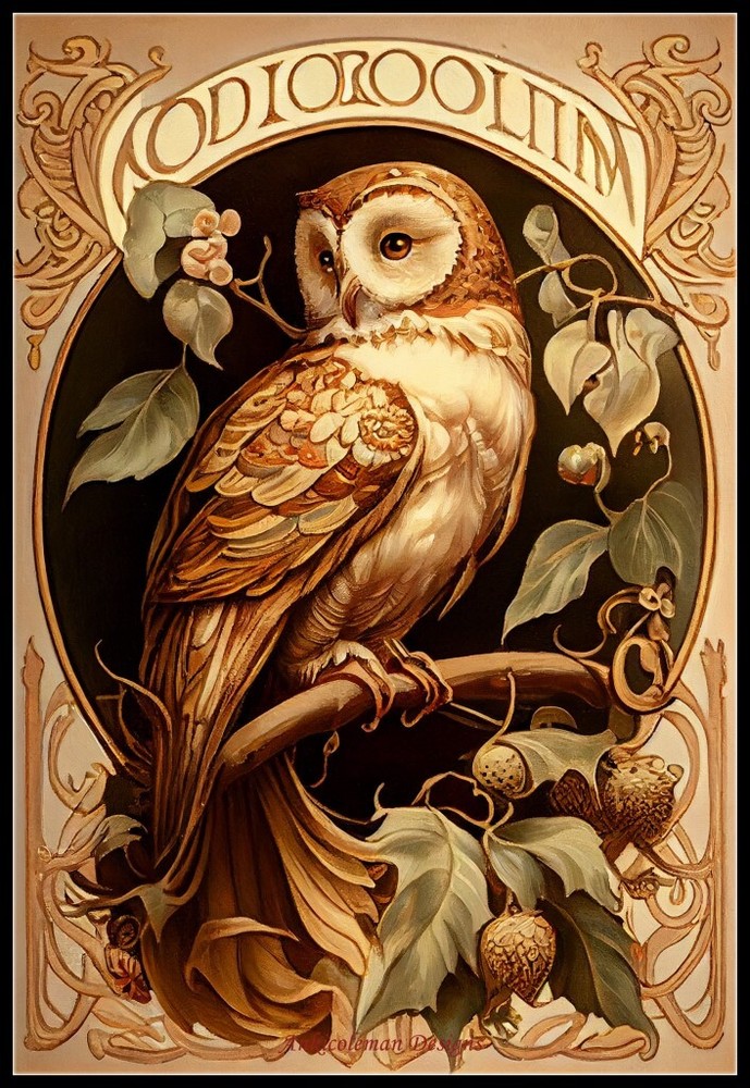 Owl Mucha Style - Chart Counted Cross Stitch Patterns Needlework DMC Color