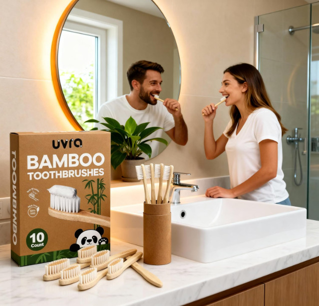 Bamboo Toothbrushes 10 Pack Biodegradable Soft Medium Charcoal Bristles