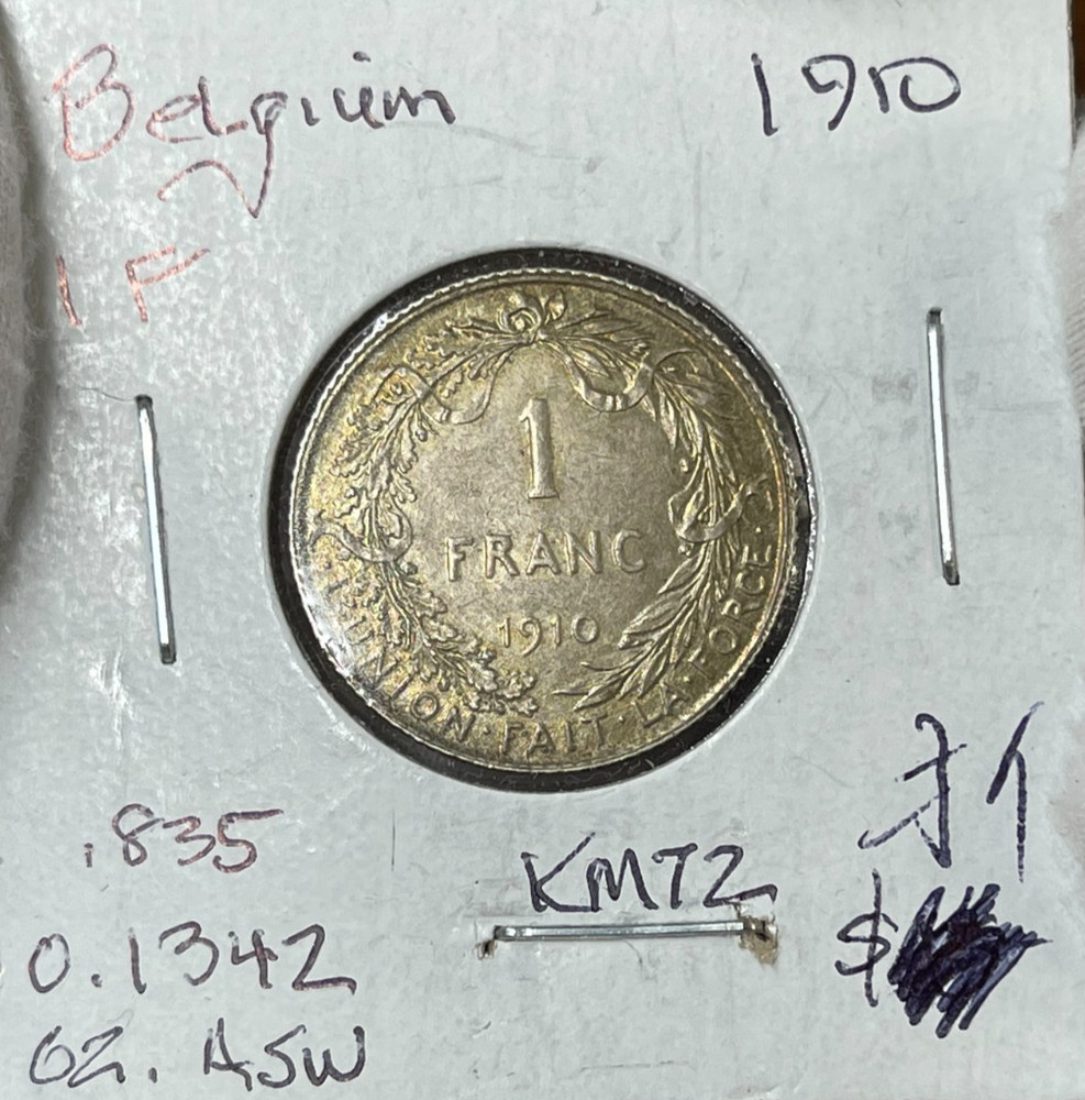 1910 Belgium One Franc Silver Coin Excellent Condition