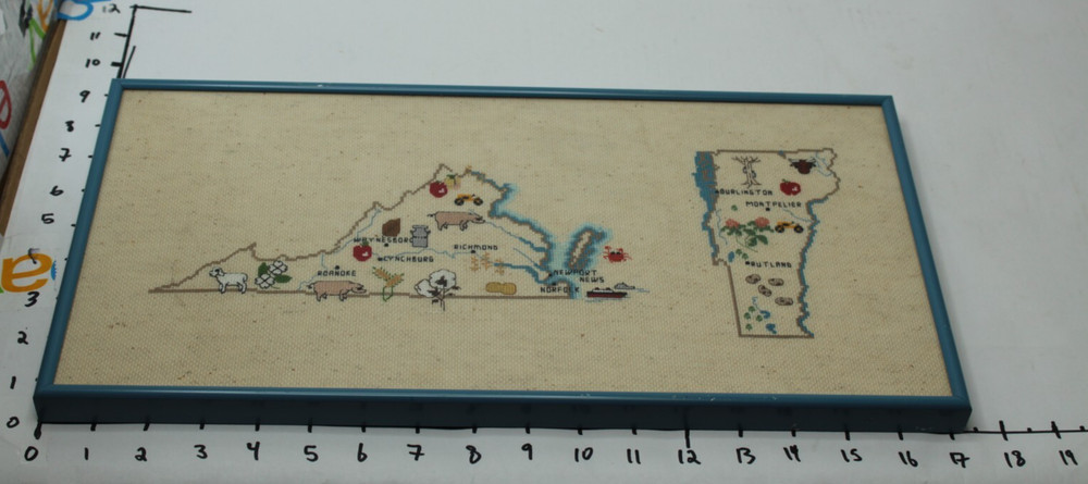 Virginia State Map Cross Stitch Framed Embroidery Needlepoint Needlework 17x9 in