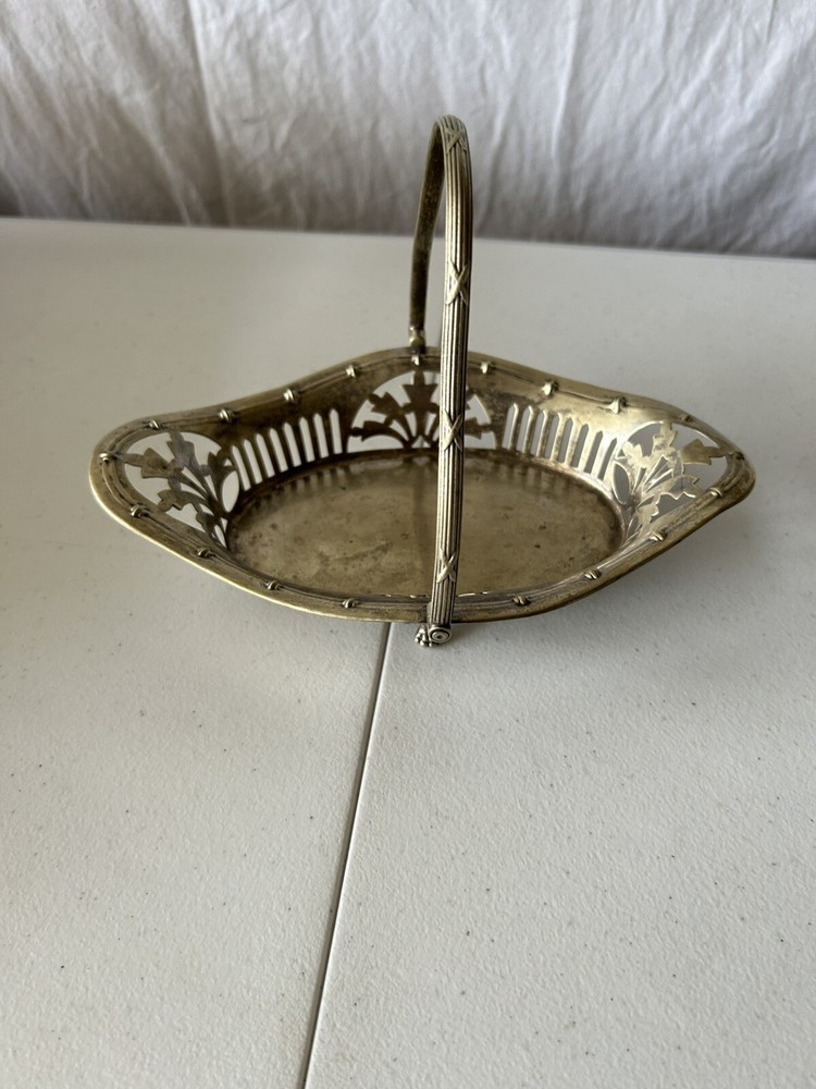 Vintage Silver Plate Made In England Lace Lattice Swing Handle Footed Dish EPNS