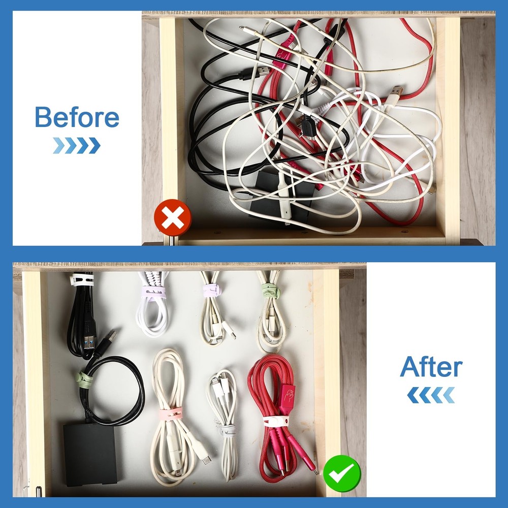 Tellegloww 42 Pcs Silicone Cable Ties Reusable Cord Straps Multipurpose Elast...