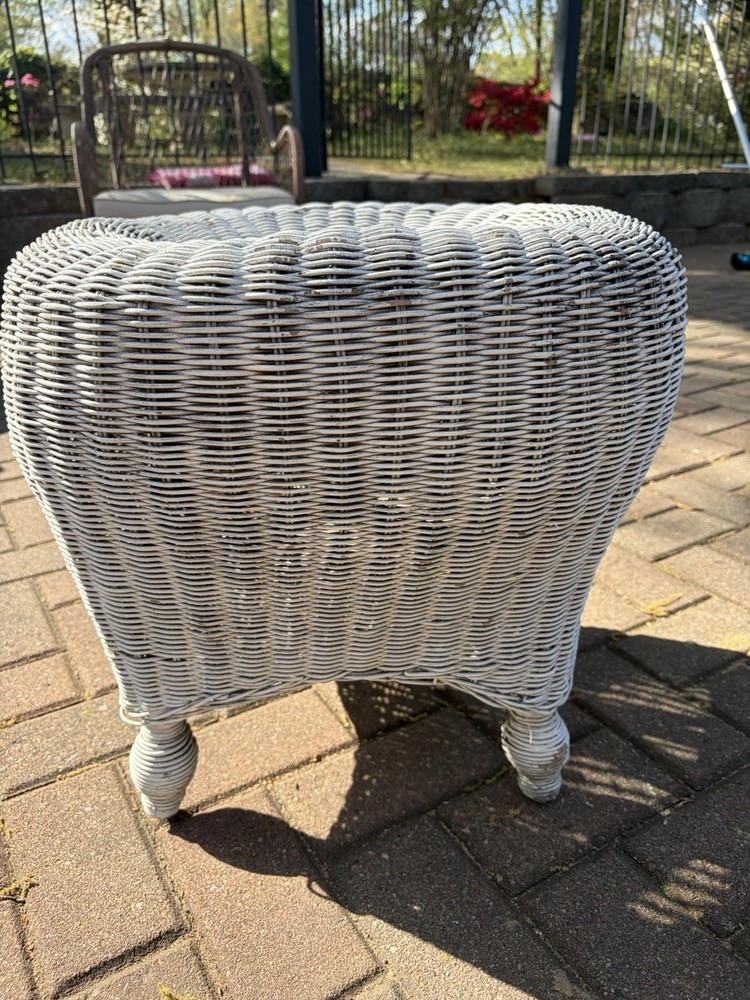 Vintage Victorian Boho White Wicker Ottoman Stool