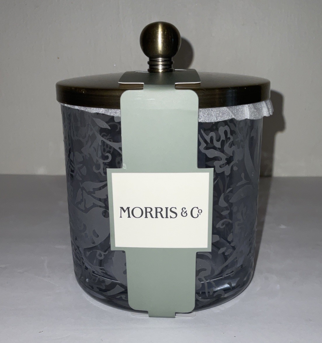 MORRIS & Co. STRAWBERRY THIEF GLASS GOLD LID COTTON BALL JAR BATHROOM VANITY NWT