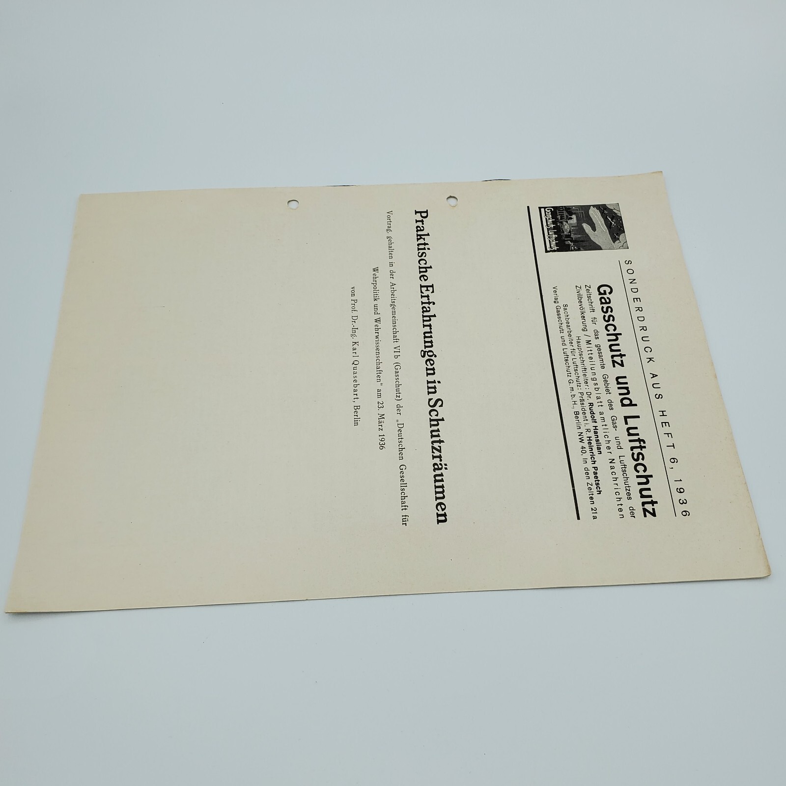 1936 German Luftschutz Gasschutz Air Raid Shelter Sonderdruck Quasebart WW2 Gas