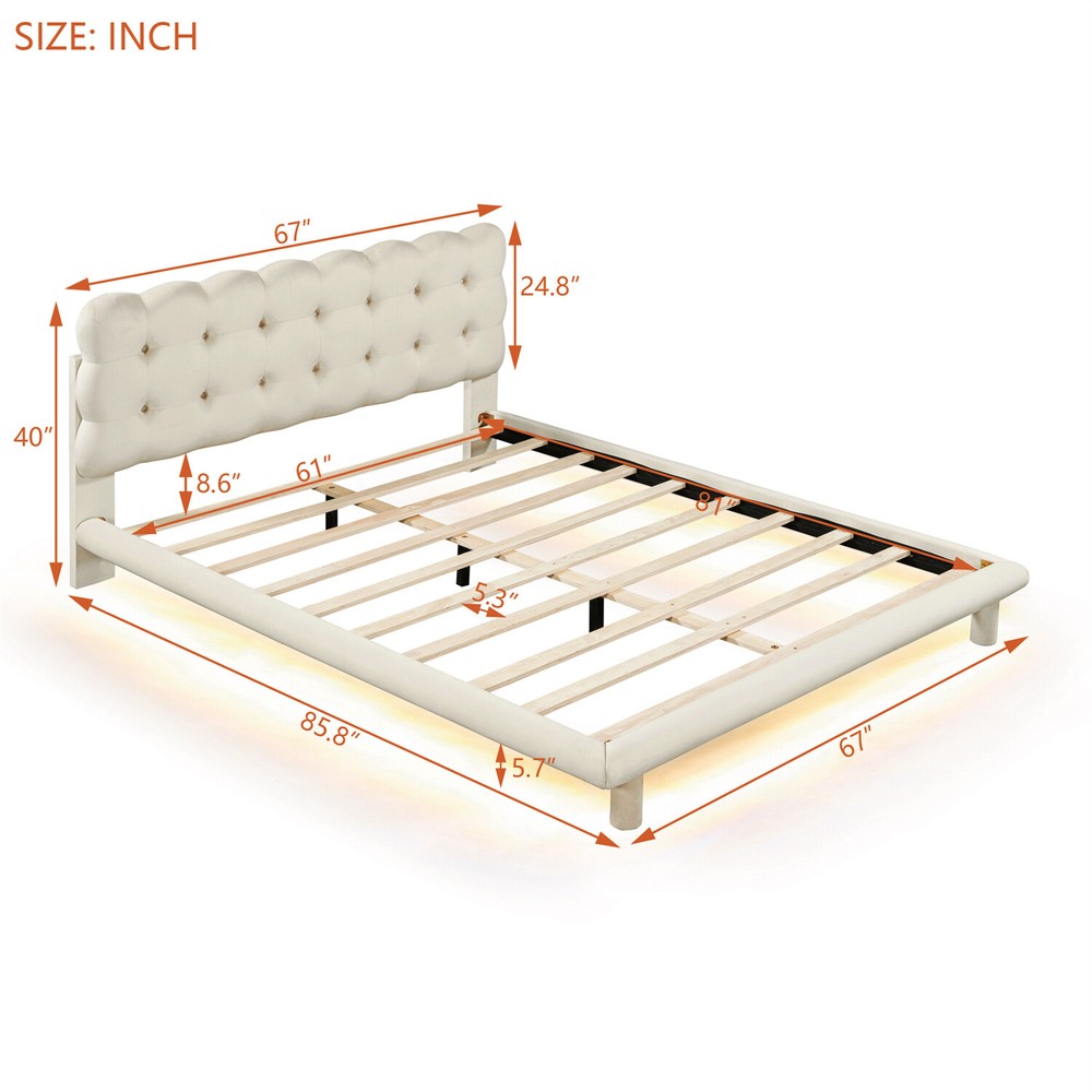 Queen Size Bed Frame Upholstered Platform Bed Frame w/ LED Lights US