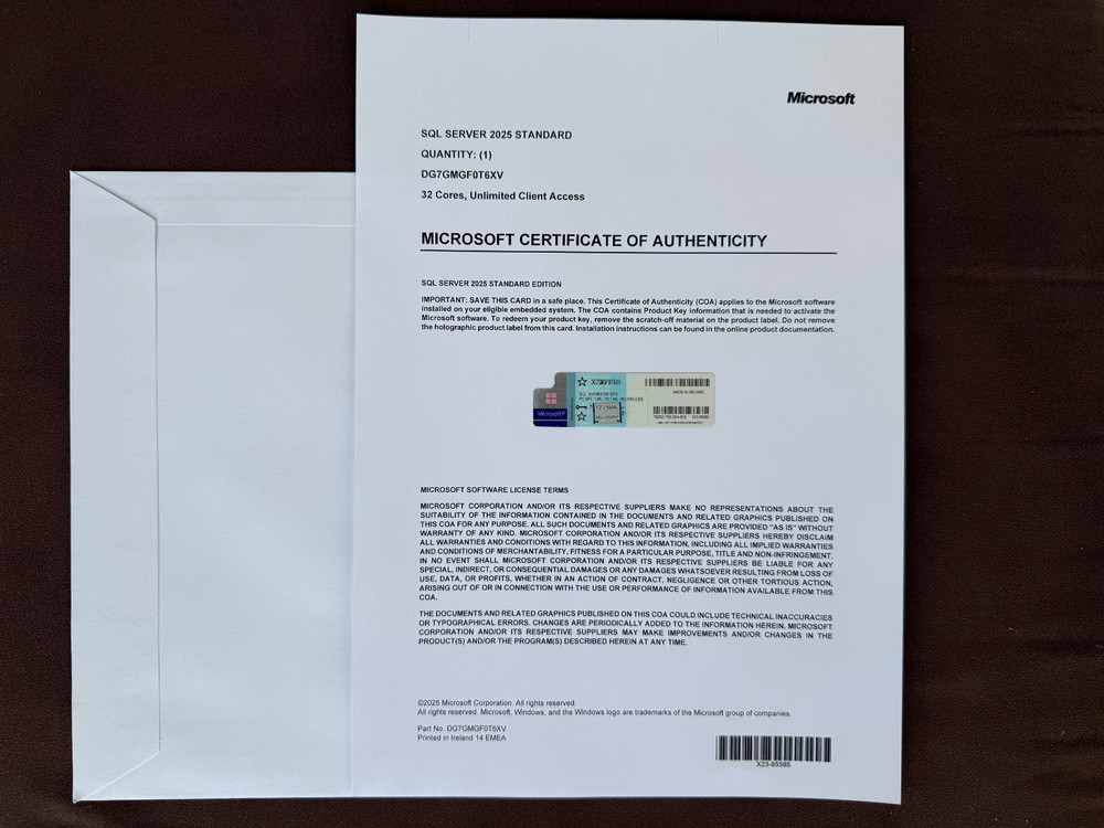 Microsoft SQL Server 2025 Standard 32 Core Unlimited User CALs CoA Authentic