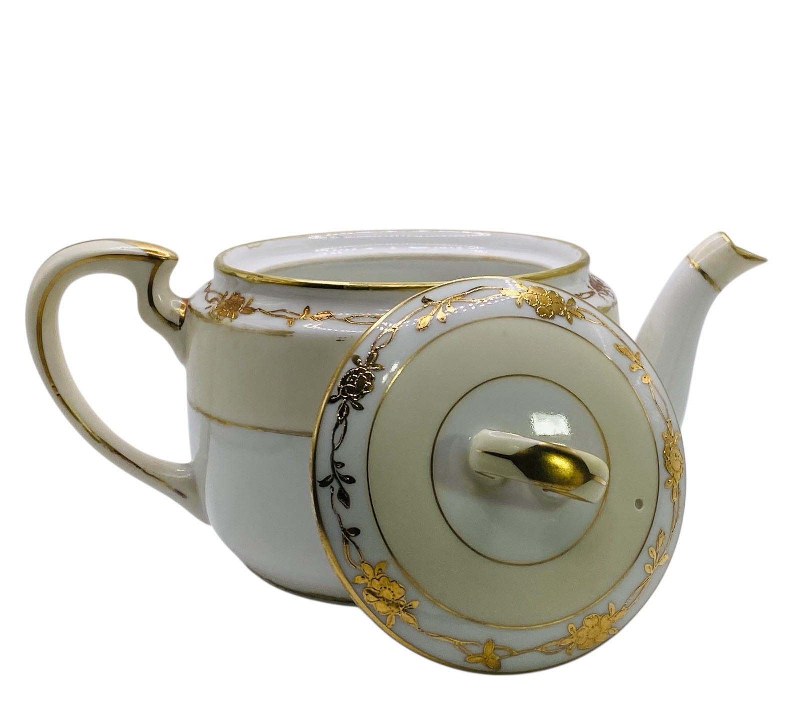 Handpainted Nippon Teapot Lid Creamer Sugar Bowl Lid Beige Gold Gilt Trim Floral