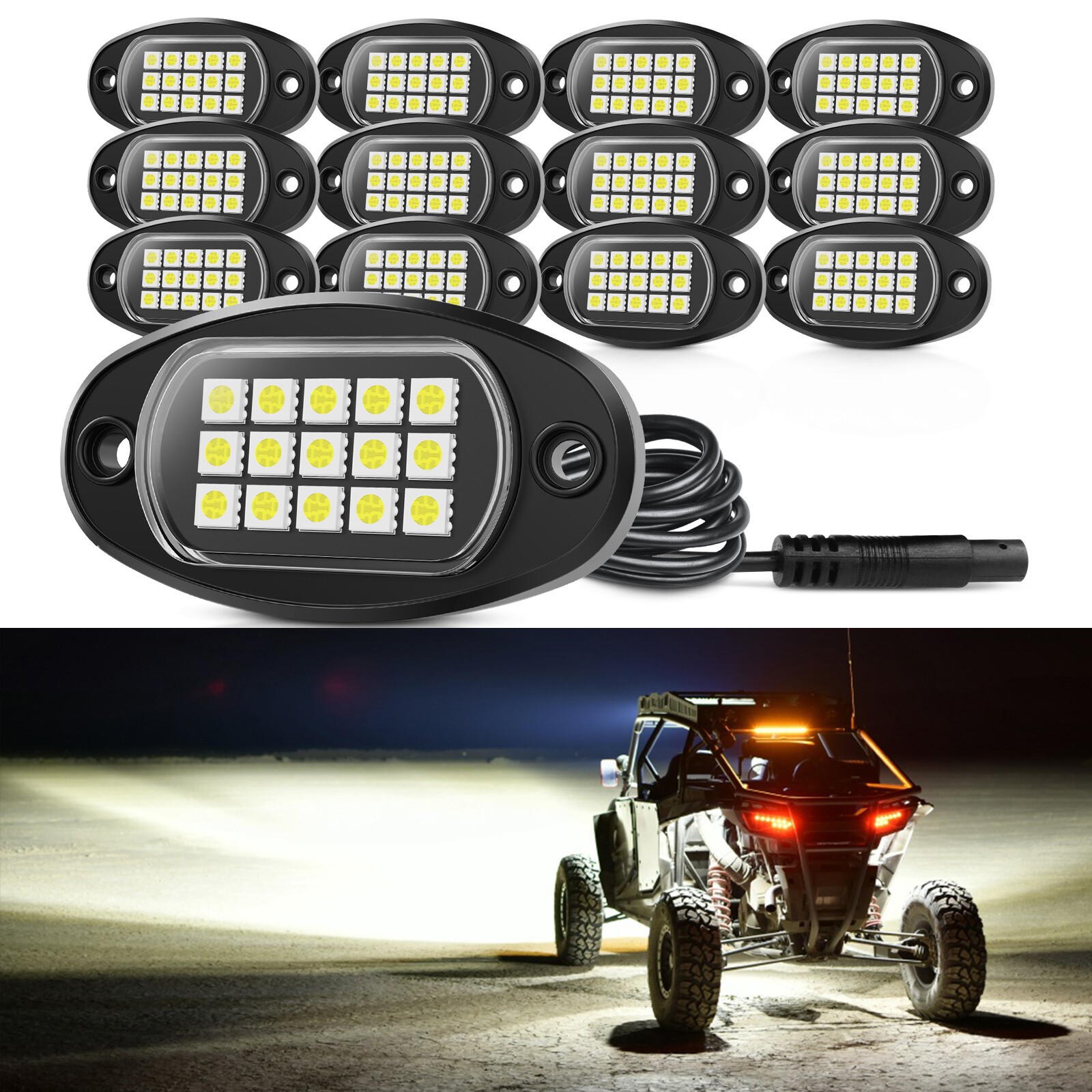 12x Pure White LED Rock Lights Underbody Glow Lamp for Offroad SUV Pickup Truck