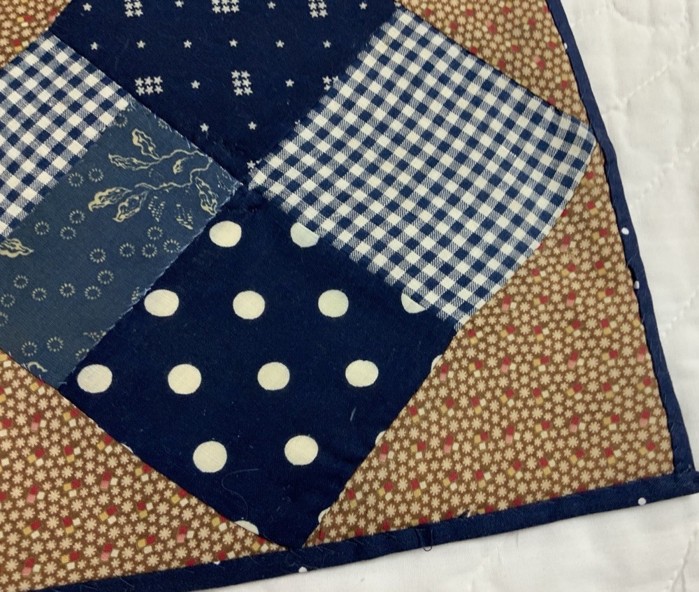 Antique Patchwork Quilt Table Topper, Four Patch, Early Calicos, Brown, Navy