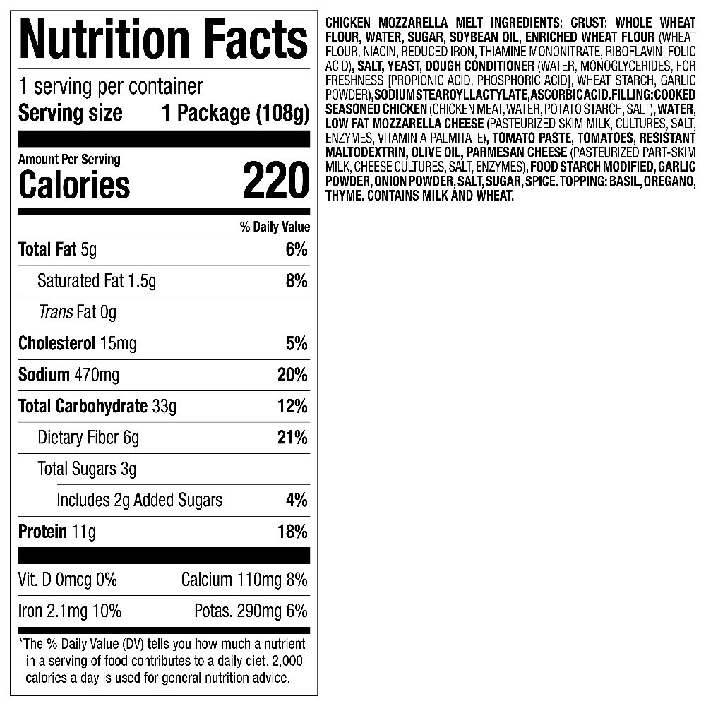 Chicken Mozzarella Lunch Melt 12 Pack Protein Packaged Meal