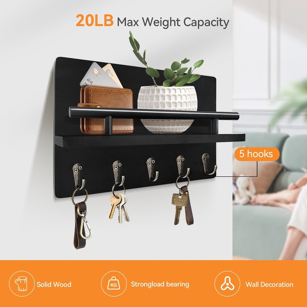 Key Holder Wall Mount, Decorative Key Rack with Shelf & 5 Sturdy Hooks, Rusti...