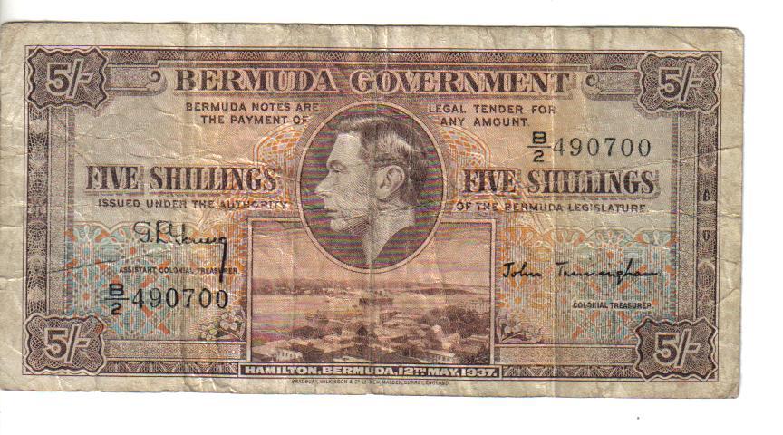 BERMUDA, 5 SHILLINGS, KGVI, 1937