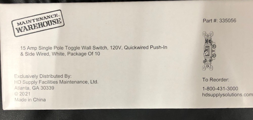 Maintenance Warehouse® 15 Amp 1-Pole Quick/Side-Wired Toggle Wall Switch 10-Pack