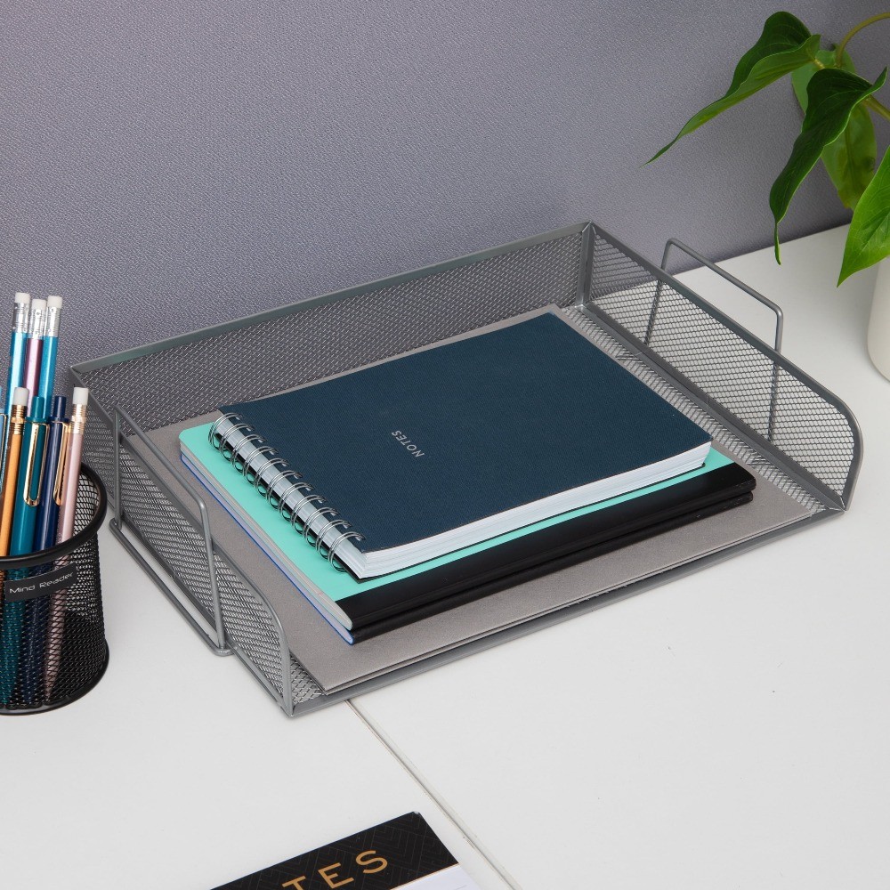Stackable Paper Tray, Desktop Organizer, Storage, Office, Metal, 2 Pcs., Silver
