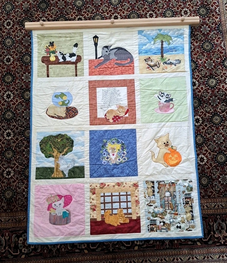 Handmade Patchwork Applique Cat Scenes Wall Hanging Quilt