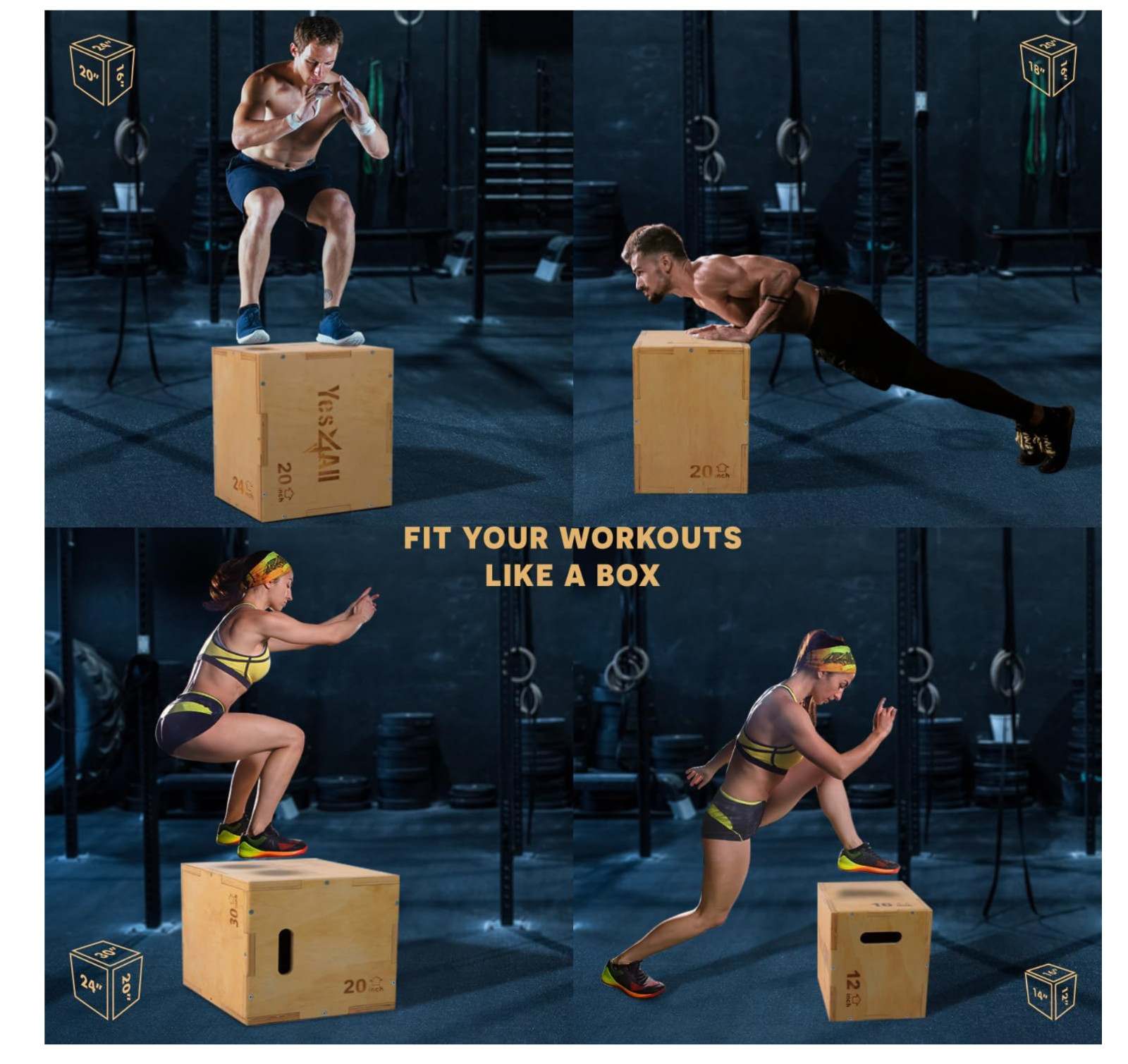 Yes4All 3 in 1 Wooden Plyo Box 24" x 20" x 16" Holds Up to 450lbs for Gym - New
