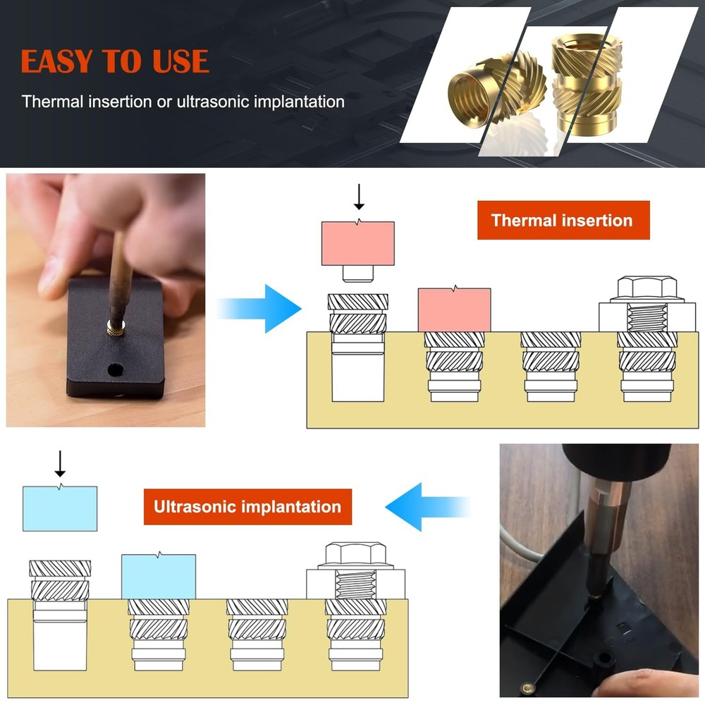 120Pcs M3 Threaded Inserts, Metric knurled Nuts Brass Heat Set Insert gold