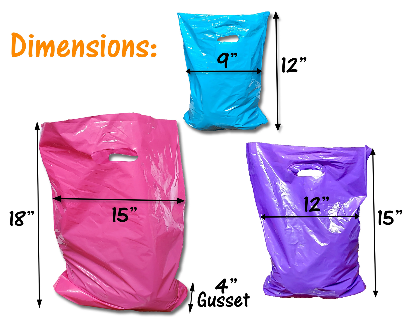 100 Pack Plastic Merchandise Bags, 3 Sizes, 9x12, 12x15, 15x18x4" Die Cut Handle