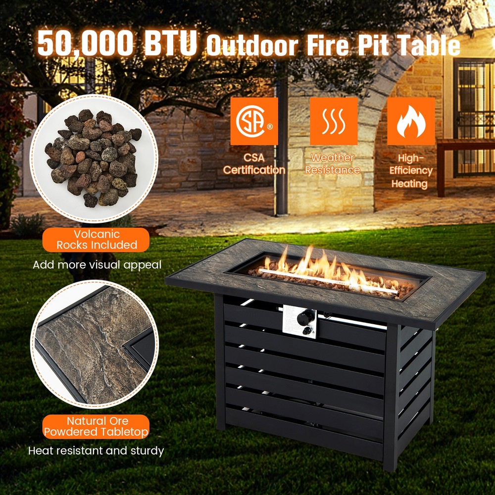 42" Propane Fire Pit Table Rectangular Gas Fire Table w/ 50,000 BTU Heat Output